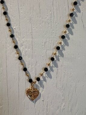Gold and Black Beaded Heart Pendant Necklace - Women Jewelry